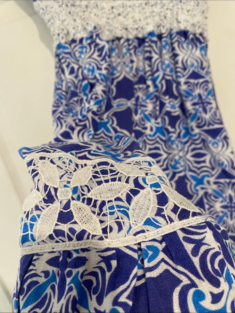 Blue Floral V-Neck Maxi Dress with Lace Trim